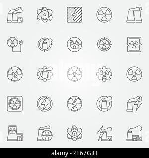 Ensemble d'icônes de puissance nucléaire - collection vectorielle de centrales nucléaires, de rayonnement et de signes conceptuels d'énergie dans le style de ligne mince Illustration de Vecteur