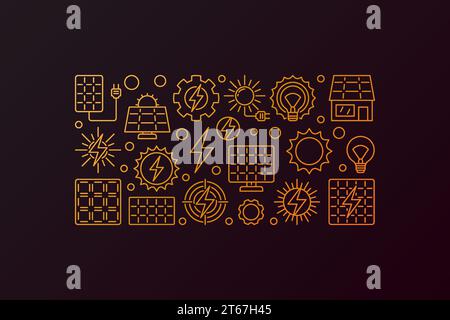 Illustration du concept d'énergie solaire - bannière dorée vectorielle faite avec le soleil de contour, l'énergie et les icônes de panneaux solaires Illustration de Vecteur