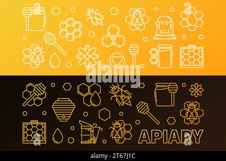 Ensemble de 2 bannières colorées de vecteur de rucher. Illustrations horizontales modernes de l'apiculture dans le style de ligne mince Illustration de Vecteur