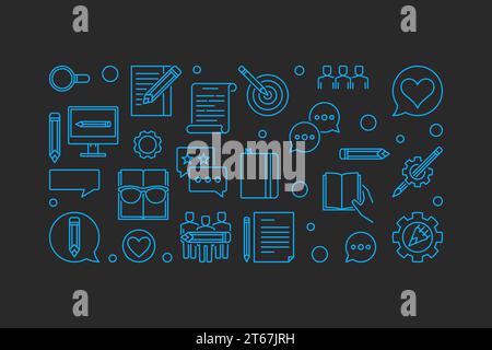 Bannière horizontale de concept de vecteur de marketing de contenu faite avec des icônes linéaires Illustration de Vecteur