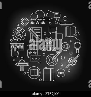 Stratégie de contenu illustration de concept de vecteur argenté rond faite avec des icônes de contour sur fond sombre Illustration de Vecteur