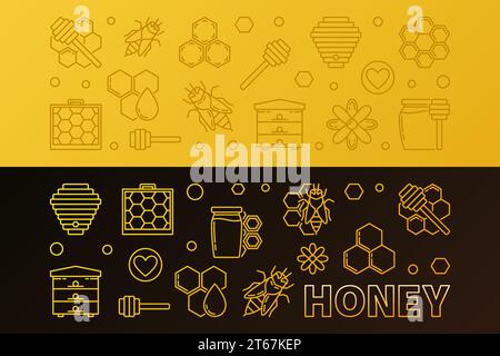 Ensemble de bannières horizontales linéaires créatives colorées de vecteur miel et apiculture Illustration de Vecteur