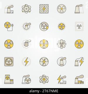 Jeu d'icônes colorées de puissance nucléaire. Centrales nucléaires vectorielles, bâtiments industriels, symboles créatifs de rayonnement et d'énergie Illustration de Vecteur