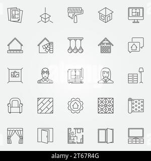 Ensemble d'icônes de design d'intérieur. Symboles d'architecture vectorielle pour les signes de société de conception ou les éléments de conception dans le style de ligne mince Illustration de Vecteur
