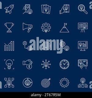 Icônes vectorielles de contour de démarrage. Signes linéaires d'entreprise de démarrage ou éléments de logo sur fond sombre Illustration de Vecteur