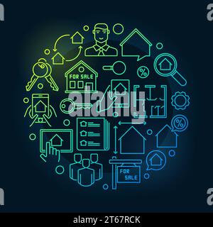 Maisons et appartements à vendre illustration. Vecteur symbole rond moderne coloré fait avec des icônes immobilières sur fond sombre Illustration de Vecteur
