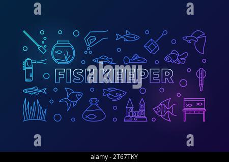 Bannière horizontale colorée de vecteur de pêcheur ou illustration dans le style de ligne mince faite d'équipement et d'icônes de poissons tropicaux sur fond sombre Illustration de Vecteur