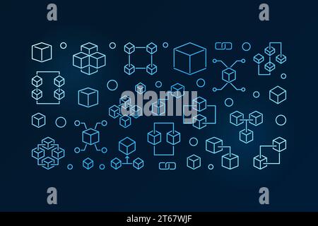 Bannière horizontale créative de vecteur bleu de technologie blockchain faite de chaîne de blocs de contour et d'icônes de cube sur fond sombre Illustration de Vecteur