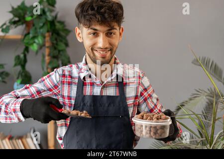 Concept de transplantation de plantes d'intérieur. Les mains du jardinier masculin ajoutant des galets d'argile hydroponique dans le pot pour transplanter la plante d'intérieur, regardant la caméra et Banque D'Images
