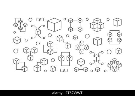 Bannière horizontale de concept de vecteur de technologie de blockchain faite de chaîne de blocs de contour et d'icônes de cube Illustration de Vecteur