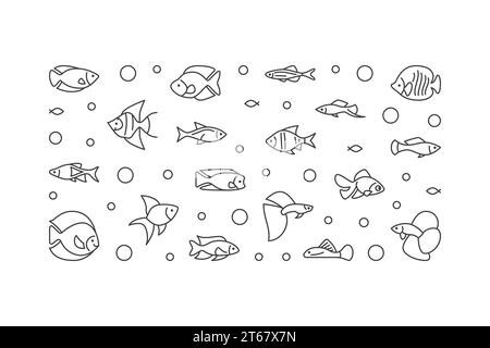 Bannière horizontale de vecteur de poisson d'aquarium. Illustration de concept Aquariumistics dans le style de contour Illustration de Vecteur