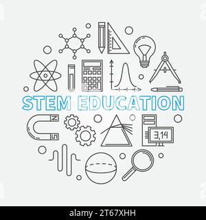 Illustration ronde vectorielle STEM Education dans le style de ligne mince. Symbole de concept de science, technologie, ingénierie et mathématiques Illustration de Vecteur