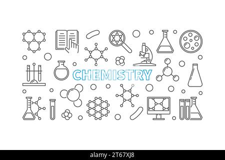 Bannière horizontale de vecteur de chimie. Illustration de concept d'éducation et de science dans le style de ligne mince Illustration de Vecteur