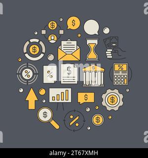 Illustration colorée des finances et de l'argent. Signe rond de concept d'entreprise de prêt de vecteur ou d'hypothèque sur fond sombre Illustration de Vecteur