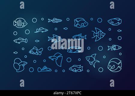 Bannière horizontale de vecteur bleu de poisson d'aquarium. Illustration de concept Aquariumistics dans le style de contour sur fond sombre Illustration de Vecteur