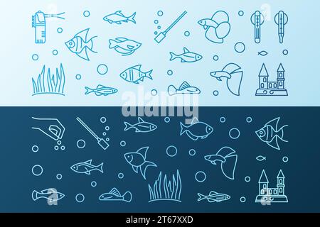 Bannières horizontales colorées de vecteur aquarium faites avec des icônes de ligne mince de poisson et d'équipement. Illustration créative Aquariumistics Illustration de Vecteur