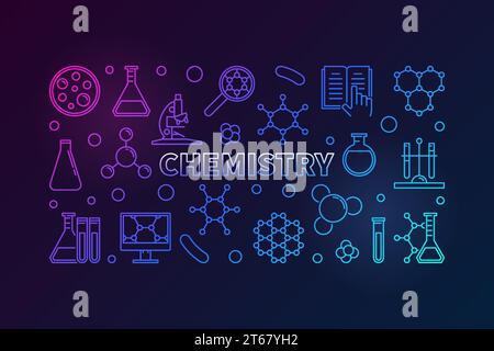 Vecteur de chimie illustration horizontale de concept coloré et de science dans le style de ligne mince sur fond sombre Illustration de Vecteur