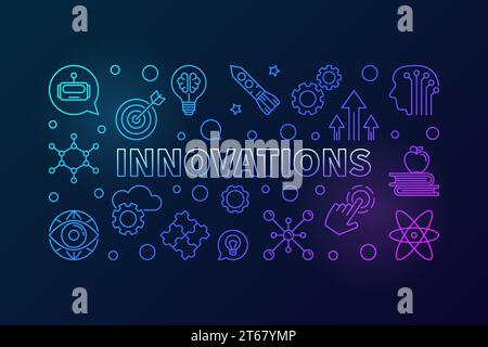 Innovations vector illustration horizontale créative faite d'icônes de ligne mince de technologie d'innovation sur fond sombre Illustration de Vecteur