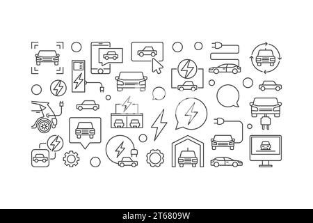 Bannière de ligne horizontale de voiture électrique. Illustration vectorielle faite avec des icônes de voiture de contour, EV, stations de charge Illustration de Vecteur