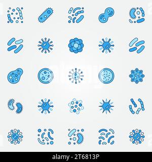 Jeu d'icônes colorées de bactéries. Vecteur microbe et virus signes bleus créatifs Illustration de Vecteur