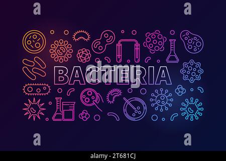 Illustration colorée horizontale de bactéries. Bannière de concept de vecteur faite avec des icônes linéaires de virus et de bactéries sur fond sombre Illustration de Vecteur