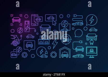 Bannière de ligne colorée horizontale de voiture électrique - illustration vectorielle faite avec voiture linéaire, EV, icônes de stations de charge sur fond sombre Illustration de Vecteur