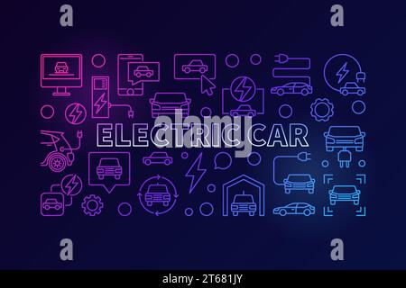 Illustration linéaire horizontale colorée de voiture électrique ou bannière de concept EV sur fond sombre Illustration de Vecteur