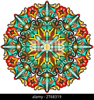 Illustration de mandala rond brillant dans les couples, rouge, émeraude, orange, jaune, couleurs dorées, vertes, blanches. Fleur, motif floral, ornemental. Banque D'Images