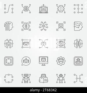 Icônes d'apprentissage machine définies. Intelligence artificielle vectorielle et autres symboles de concept de technologie ou éléments de conception dans le style de ligne mince Illustration de Vecteur