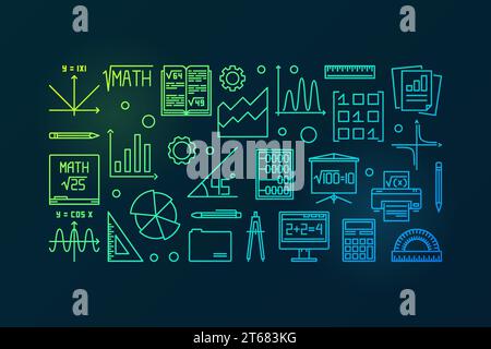 Bannière de ligne fine colorée de vecteur de mathématiques. Bannière de concept de science et d'éducation linéaire vectorielle sur fond sombre Illustration de Vecteur