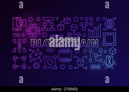 Bannière technologique faite avec des icônes de ligne de chaîne de blocs et mot BLOCKCHAIN à l'intérieur sur fond sombre Illustration de Vecteur