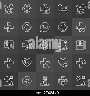 Icônes de contour d'hôpital de chien - symboles de concept vétérinaire de vecteur. Empreinte de patte de chien, signes linéaires de marque croisée sur fond sombre Illustration de Vecteur