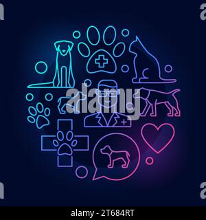 Symbole rond coloré de clinique vétérinaire. Signe de concept d'hôpital d'animal de vecteur fait avec des icônes de contour de vétérinaire sur fond sombre Illustration de Vecteur