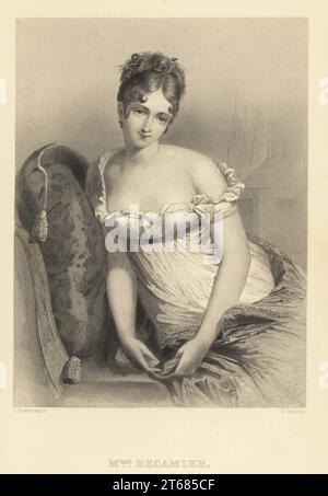 Madame Recamier, Jeanne Françoise Julie Adélaïde Récamier, 1777-1849. Connue sous le nom de Juliette, socialite française dont le salon a attiré des gens des principaux cercles littéraires et politiques du début du 19e siècle à Paris. D'après un portrait de François Gérard. Gravure sur acier de F. Halpin d'après une illustration de Jules Champagne de Frank B. Goodrichs la Cour de Napoléon ou la Société sous le Premier Empire, J. B. Lippincott, Philadelphie, 1875. Banque D'Images