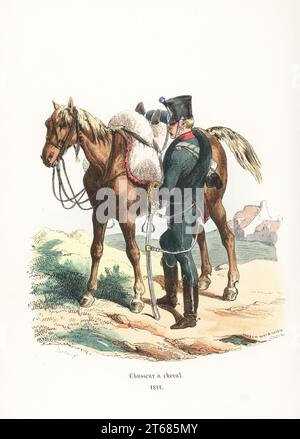 Uniforme des chasseurs à cheval français, 1e Régiment, 1812. En shako, manteau vert avec col rouge, poignets et turnbacks, culottes et bottes, armé de sabre. Mouton Shabrack. Chasseur a cheval, 1812. Gravure sur bois coloriée par Andrew Best Leloir d'après une illustration de Hippolyte Bellangé de P.M. Laurent de lArdeches Histoire de Napoleon, Paris, 1840. Banque D'Images