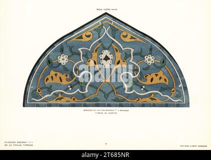 Tympan de fenêtre en carreaux de céramique avec motif de treillis de feuillage dans la mosquée du sultan Murad I, sultan ottoman, Bursa, fabriqué à Iznik, vers 1447. Turquie. Mosquée du Sultan Mourad 1er a Brousse, Tympan de fenetre. Isnik (vers 1447). Pochoir lithographie coloriée à la main d'Alexandre Raymonds Faience Decorative de la Vieille Turquie, Poterie décorative de la Turquie antique, Editions Albert Morance, Paris, 1927. Banque D'Images