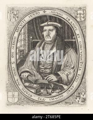 Matthew Parker, évêque anglais, 1504-1575. Archevêque de Canterbury dans l'Église d'Angleterre de 1559 jusqu'à sa mort en 1575. Parker, archevêque de Canterbury. D'après une gravure rare de Remigius Hogenberg. Augusti Sexto Mudus Transit et Concupiscetita eius, AD 1572 Aetatis 69 Die Mensis. Gravure sur cuivre de Samuel Woodburns Gallery of rare Portraits consistant en plaques originales, George Jones, 102 St Martins Lane, Londres, 1816. Banque D'Images