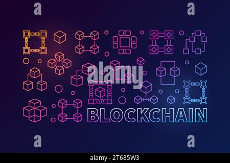 Blockchain concept illustration horizontale colorée. Bannière de technologie informatique de chaîne de blocs de vecteur dans le style linéaire sur fond sombre Illustration de Vecteur