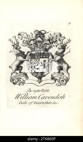 Armoiries et écusson du noble droit William Cavendish, 2ème duc du Devonshire, 1672-1729. Gravure de Copperplate par Andrew Johnston après C. Gardiner de Notitia Anglicana, Shwing the Réalisations of all the English Noblesse, Andrew Johnson, The Strand, Londres, 1724. Banque D'Images