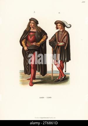 Costumes de noblemens allemands de la fin du 15e siècle. Noble A d'une fresque dans la Basilique de Sienne. Aristocrate B d'après un tableau de l'Institut d'État de Francfort. Chromolithographie des costumes, œuvres et appareils de Hefner-Alteneck du Moyen âge au 17e siècle, Francfort, 1889. Dr. Hefner-Alteneck (1811 - 1903) était un conservateur de musée allemand, archéologue, historien de l'art, illustrateur et graveur. Banque D'Images