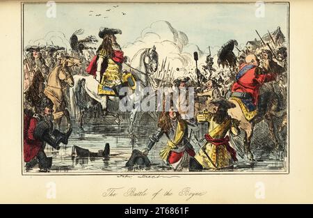 Le roi Guillaume II traverse la rivière lors de la bataille de la Boyne, en Irlande, le 1 juillet 1690. Le roi catholique Jacques II d'Angleterre déchu perd sa perruque et son chapeau alors qu'il s'enfuit à cheval. La bataille de la Boyne. Gravure sur acier colorée à la main d'après une illustration de John Leech de Gilbert Abbott ABecketts Comic History of England, Bradbury, Agnew & Co., Londres, 1880. Banque D'Images