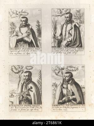 Portraits de martyrs jésuites, catholiques anglais tués au 17e siècle. Couronné de couronnes de Laurier par des anges, plusieurs avec le nœud coulant et la dague du bourreau, tenant des frondes de palmier. Edward Oldcorne 1606, Roger Filcock 1601, Franciscus Pagius 1602 et Robert Southwell 1595. Gravure sur cuivre de Samuel Woodburns Gallery of rare Portraits consistant en plaques originales, George Jones, 102 St Martins Lane, Londres, 1816. Banque D'Images