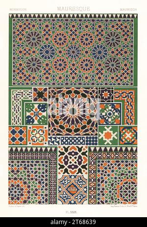 Art mauresque : mosaïque et carreaux de terre cuite émaillés. Exemples de design mauresque du palais de l'Alhambra à Grenade et de l'Alcazar à Séville, Espagne. Mauresque. Chromolithographie finie à la main par Dufour & Sanier de Albert-Charles-Auguste ratinettes LOrnement Polychrome, (ornement polychromatique), Firmin-Didot, Paris, 1869-73. Banque D'Images
