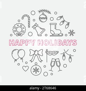 Joyeuses fêtes illustration vectorielle ronde faite avec des icônes de noël ou de Noël dans le style de ligne mince Illustration de Vecteur