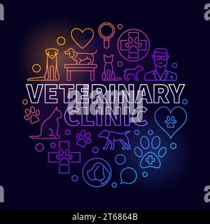 Illustration colorée de clinique vétérinaire. Symbole de concept d'hôpital d'animal rond de vecteur fait avec des icônes de ligne d'animal de compagnie vétérinaire sur fond sombre Illustration de Vecteur