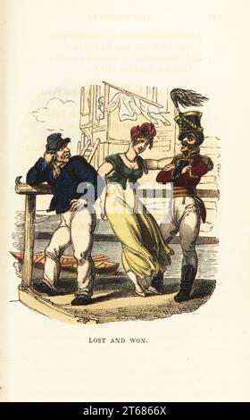 Une fille flirtant avec un soldat en chapeau shako sur Portsust point. Le marin Tim Toplift revient de la mer pour trouver son amour que Sally a déserté pour un autre homme. Perdu et gagné. Gravure sur bois colorée à la main d'après une illustration de Thomas Rowlandson de W. H. Harrisons The Humourist, a Companion for the Christmas Fireside, Rudolph Ackermann, 19 Strand, Londres, 1831. Banque D'Images