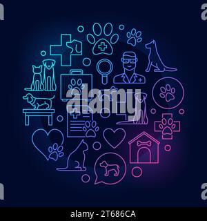 Illustration ronde colorée d'hôpital vétérinaire - vecteur animal clinique concept signe de contour sur fond sombre Illustration de Vecteur