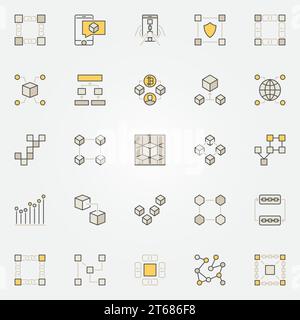 Icônes colorées blockchain. Décentralisation et transactions symboles créatifs. Signes conceptuels de technologie de monnaie numérique Illustration de Vecteur