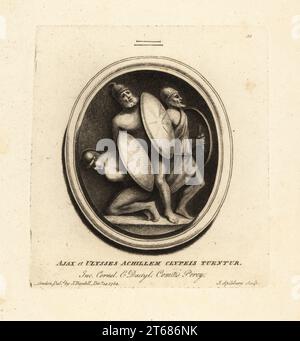 Ajax et Ulysses protègent un Achille à genoux avec leurs boucliers. Ajax et Ulysses Achillem Clypeis Tuentur. Gravé sur le carnélien et le dactylotheca de la collection d'Algernon Percy, premier comte de Beverley. Mezzotint gravure de plaques de copperplate par John Spilsbury de sa Collection de Fifty Prints de Antique Gems, John Boydell, Londres, 1785. Banque D'Images