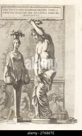 Frontispice allégorique avec personnification de Sculpture, une figure d'une femme se couronnant de lauriers. Une statue d'une figure féminine Pomona avec un bol de fruits et des urnes d'eau. Maillet et burins sur le sol. Gravure sur cuivre de Georg Andreas Wolfgang d'après une illustration de Joachim von Sandrart tirée de sa LAcademia Todesca, della Architectura, Scultura & Pittura, oder Teutsche Academie, der Edlen Bau- Bild- und Mahlerey-Kunste, Académie allemande d'architecture, de sculpture et de peinture, Jacob von Sandrart, Nuremberg, 1675. Banque D'Images